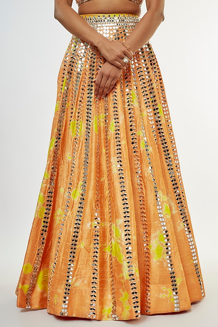Orange Raw Silk Hand Tie- Dye Printed & Mirror Embroidered Bridal Lehenga Set by Akanksha Gajria at Pernia's Pop Up Shop