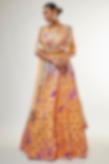 Orange Raw Silk Mirror Embroidered Hand Tie-Dye Bridal Lehenga Set by Akanksha Gajria at Pernia's Pop Up Shop