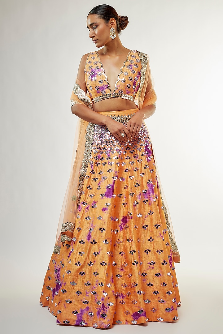 Orange Raw Silk Mirror Embroidered Hand Tie-Dye Bridal Lehenga Set by Akanksha Gajria at Pernia's Pop Up Shop