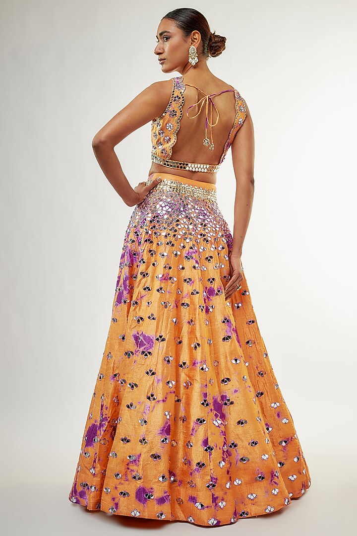 Orange Raw Silk Mirror Embroidered Hand Tie-Dye Bridal Lehenga Set by Akanksha Gajria at Pernia's Pop Up Shop