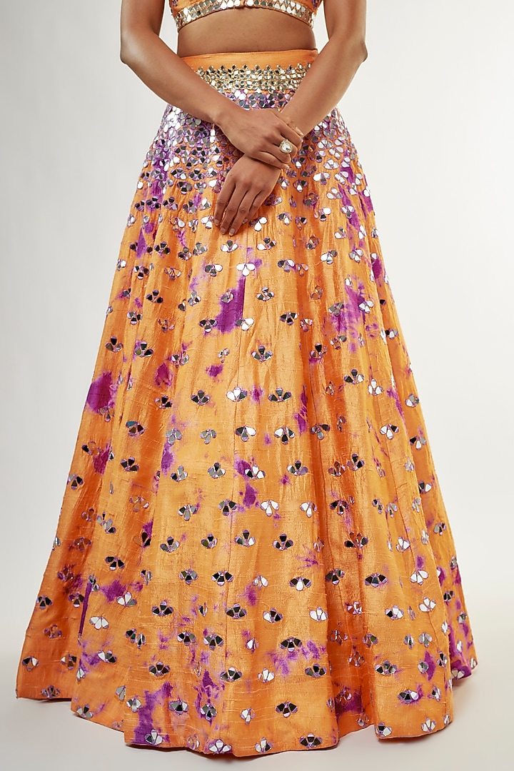 Orange Raw Silk Mirror Embroidered Hand Tie-Dye Bridal Lehenga Set by Akanksha Gajria at Pernia's Pop Up Shop