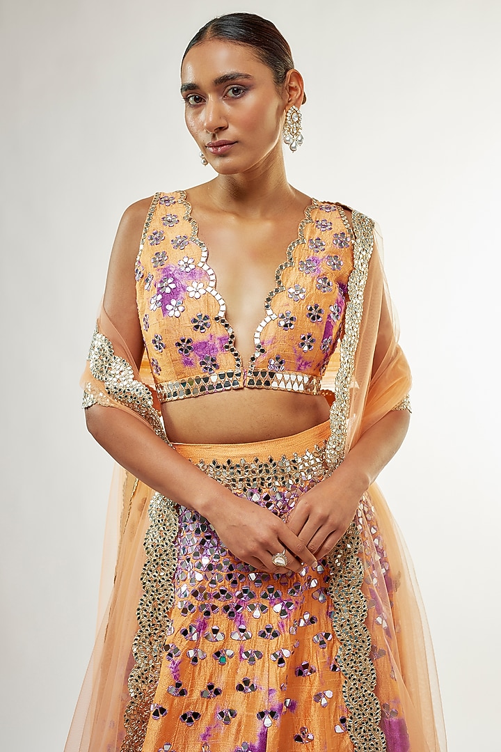 Orange Raw Silk Mirror Embroidered Hand Tie-Dye Bridal Lehenga Set by Akanksha Gajria at Pernia's Pop Up Shop
