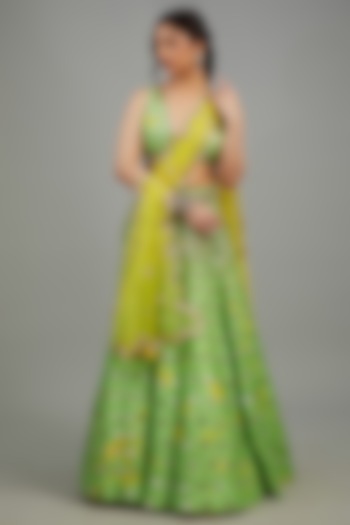 Yellow & Green Raw Silk Mirror Work Bridal Lehenga Set by Akanksha Gajria at Pernia's Pop Up Shop