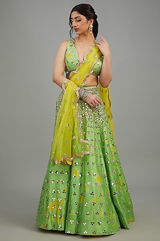 Yellow & Green Raw Silk Mirror Work Lehenga Set by Akanksha Gajria
