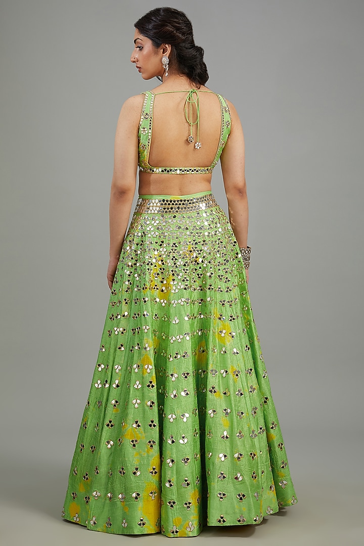 Yellow & Green Raw Silk Mirror Work Bridal Lehenga Set by Akanksha Gajria at Pernia's Pop Up Shop