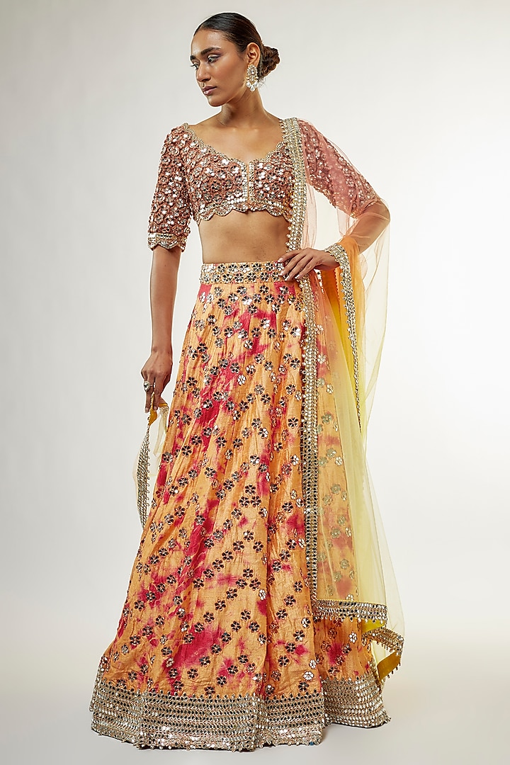 Orange Raw Silk Mirror Embroidered Hand Tie-Dye Bridal Lehenga Set by Akanksha Gajria at Pernia's Pop Up Shop