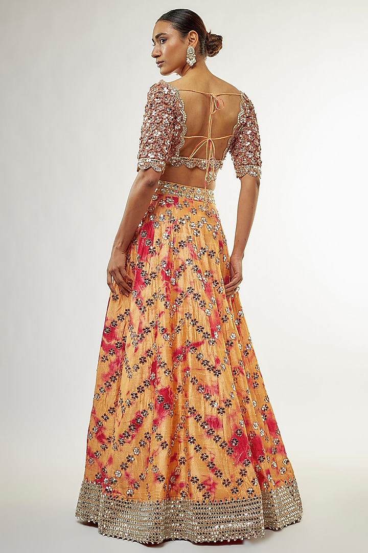 Orange Raw Silk Mirror Embroidered Hand Tie-Dye Bridal Lehenga Set by Akanksha Gajria at Pernia's Pop Up Shop