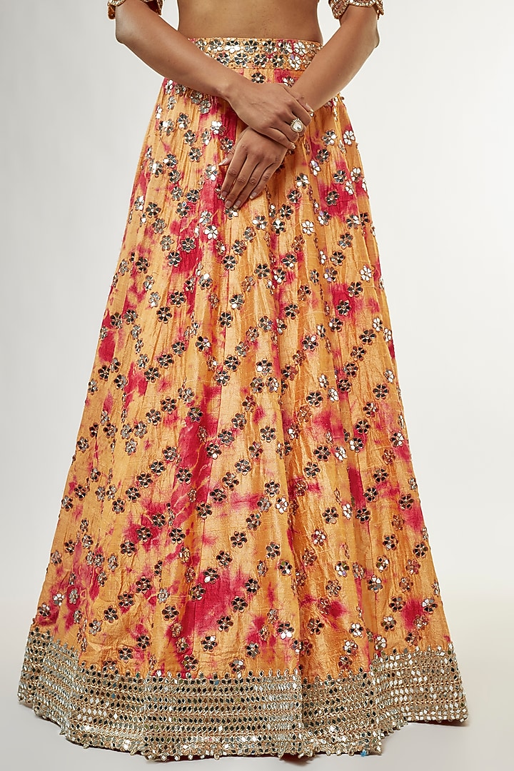 Orange Raw Silk Mirror Embroidered Hand Tie-Dye Bridal Lehenga Set by Akanksha Gajria at Pernia's Pop Up Shop