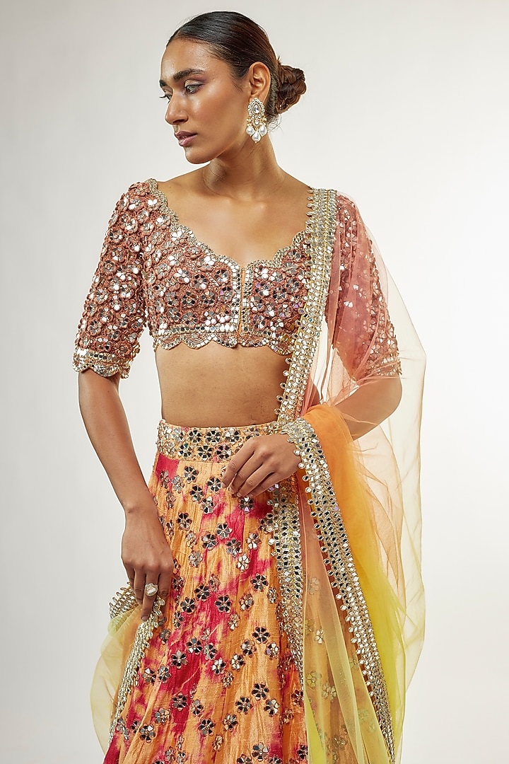 Orange Raw Silk Mirror Embroidered Hand Tie-Dye Bridal Lehenga Set by Akanksha Gajria at Pernia's Pop Up Shop