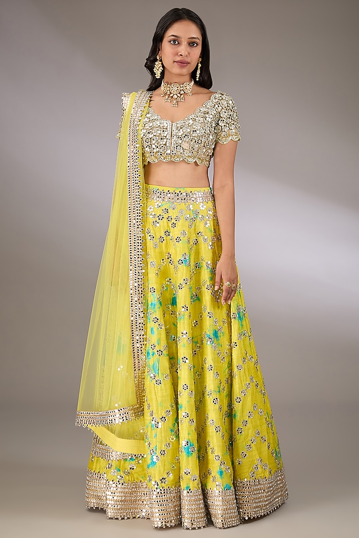 Yellow & Turquoise Raw Silk Tie-Dyed Bridal Lehenga Set by Akanksha Gajria at Pernia's Pop Up Shop