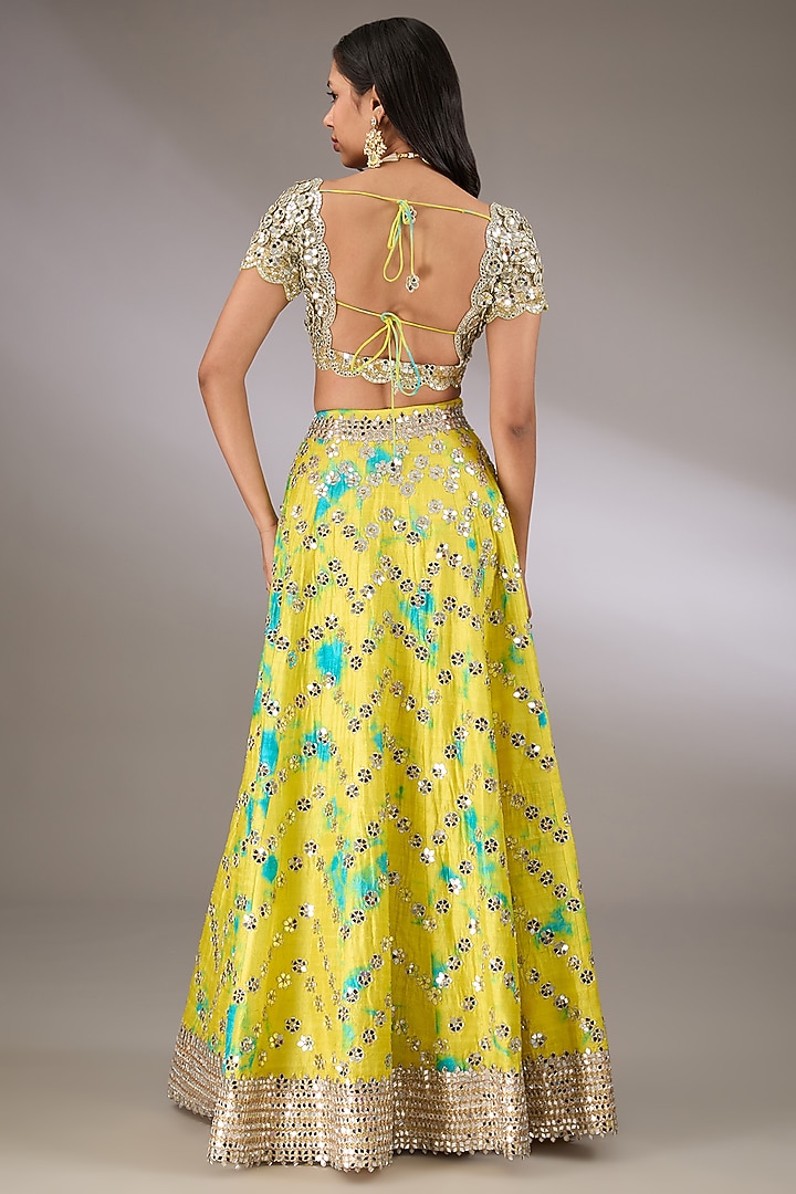 Yellow & Turquoise Raw Silk Tie-Dyed Bridal Lehenga Set by Akanksha Gajria at Pernia's Pop Up Shop