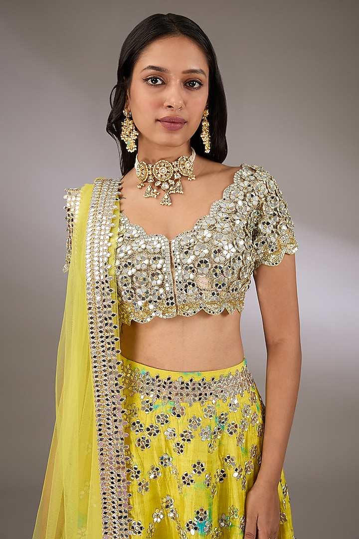 Yellow & Turquoise Raw Silk Tie-Dyed Bridal Lehenga Set by Akanksha Gajria at Pernia's Pop Up Shop