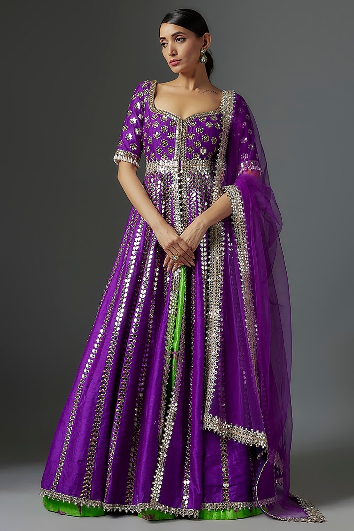 Purple Raw Silk Mirror Embroidered Anarkali Set by Akanksha Gajria at Pernia's Pop Up Shop