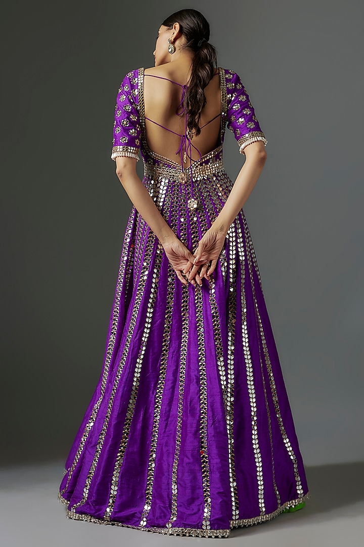 Purple Raw Silk Mirror Embroidered Bridal Anarkali Set by Akanksha Gajria at Pernia's Pop Up Shop