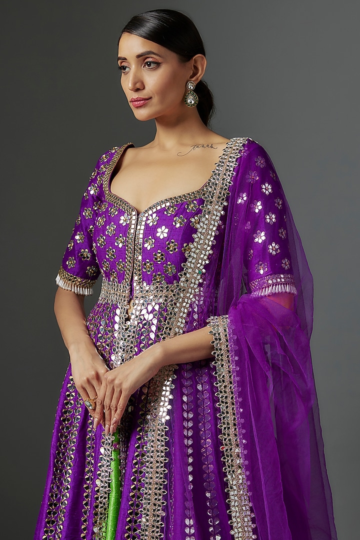 Purple Raw Silk Mirror Embroidered Bridal Anarkali Set by Akanksha Gajria at Pernia's Pop Up Shop