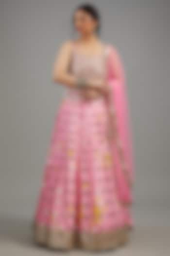 Pink Raw Silk Tie-Dyed & Mirror Work Bridal Lehenga Set by Akanksha Gajria at Pernia's Pop Up Shop