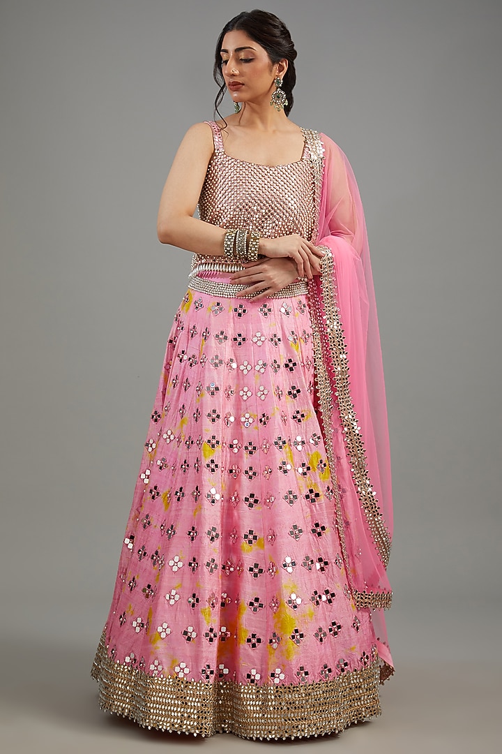 Pink Raw Silk Tie-Dyed & Mirror Work Bridal Lehenga Set by Akanksha Gajria at Pernia's Pop Up Shop