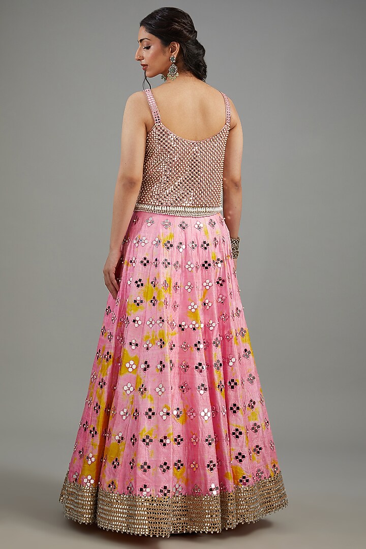 Pink Raw Silk Tie-Dyed & Mirror Work Bridal Lehenga Set by Akanksha Gajria at Pernia's Pop Up Shop