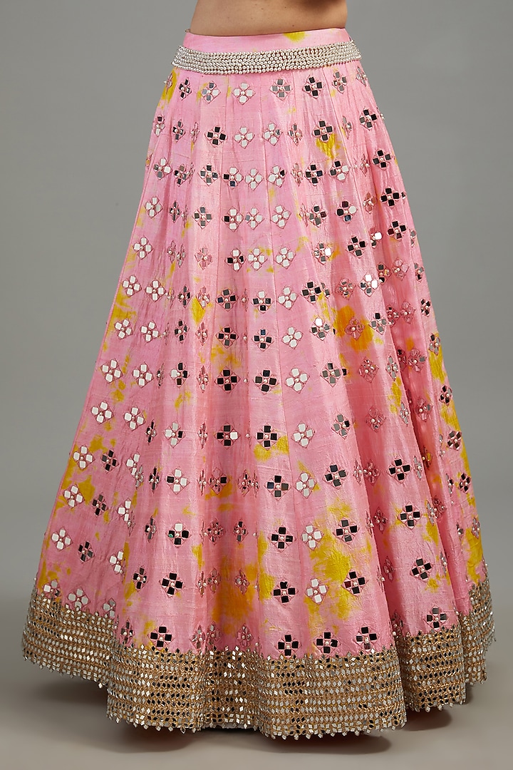 Pink Raw Silk Tie-Dyed & Mirror Work Bridal Lehenga Set by Akanksha Gajria at Pernia's Pop Up Shop