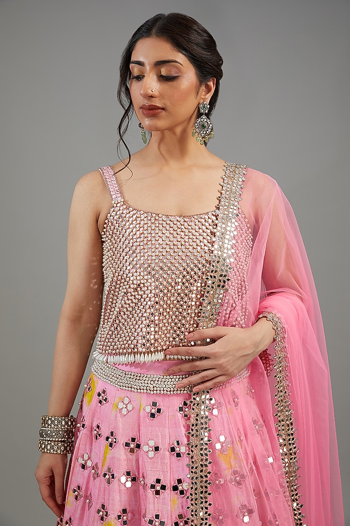 Pink Raw Silk Tie-Dyed & Mirror Work Bridal Lehenga Set by Akanksha Gajria at Pernia's Pop Up Shop