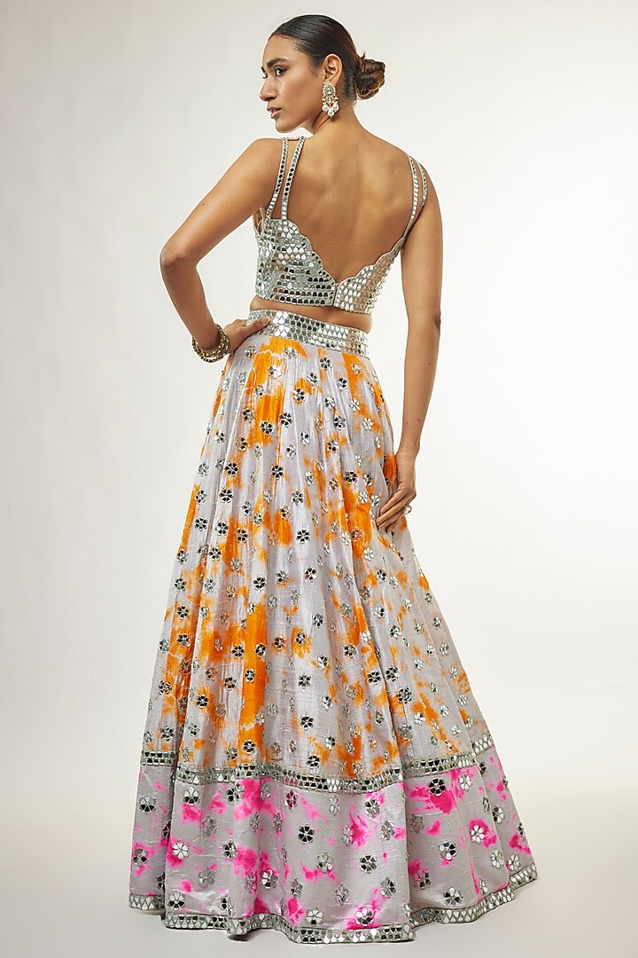 Ivory Raw Silk Mirror Embroidered Hand Tie-Dye Bridal Lehenga Set by Akanksha Gajria at Pernia's Pop Up Shop