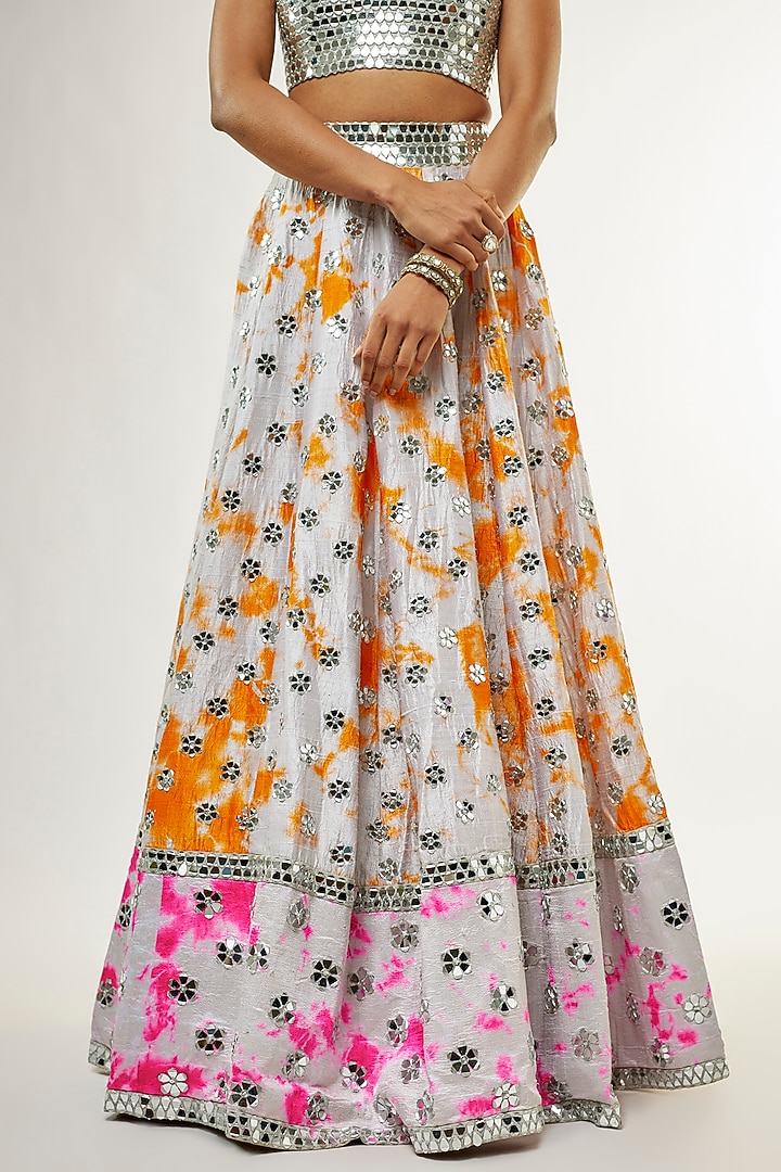 Ivory Raw Silk Mirror Embroidered Hand Tie-Dye Bridal Lehenga Set by Akanksha Gajria at Pernia's Pop Up Shop