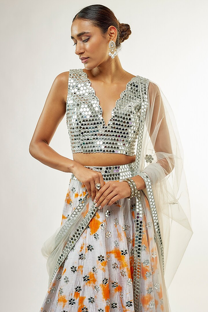 Ivory Raw Silk Mirror Embroidered Hand Tie-Dye Bridal Lehenga Set by Akanksha Gajria at Pernia's Pop Up Shop