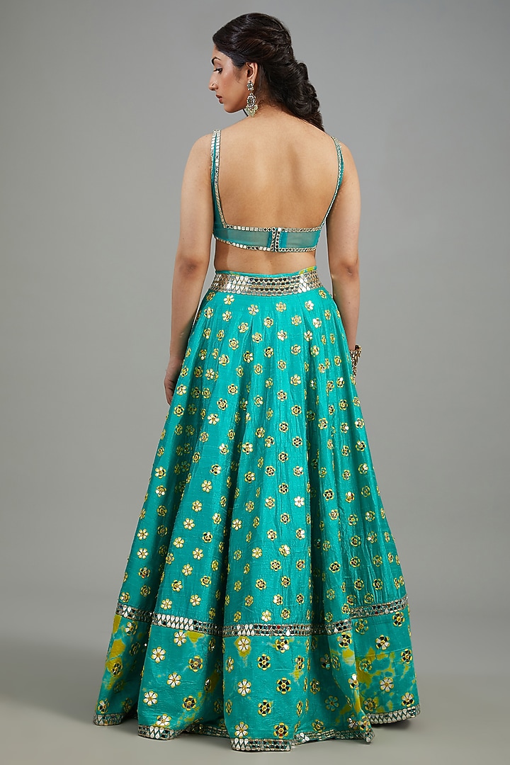 Blue Raw Silk Tie-Dyed & Mirror Work Bridal Lehenga Set by Akanksha Gajria at Pernia's Pop Up Shop