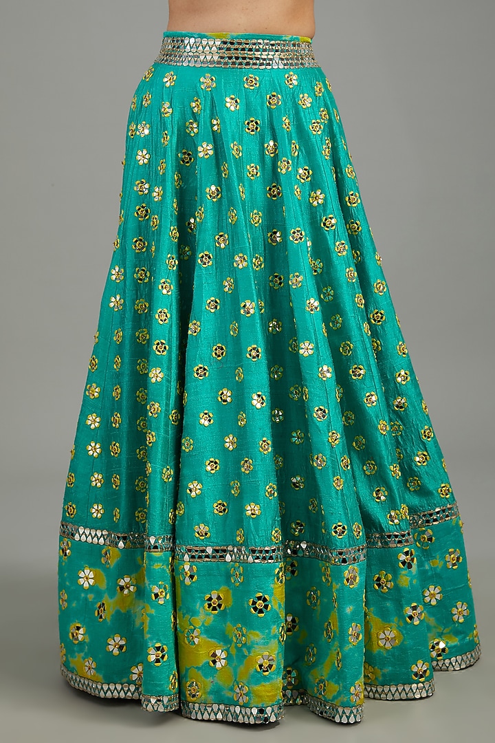Blue Raw Silk Tie-Dyed & Mirror Work Bridal Lehenga Set by Akanksha Gajria at Pernia's Pop Up Shop