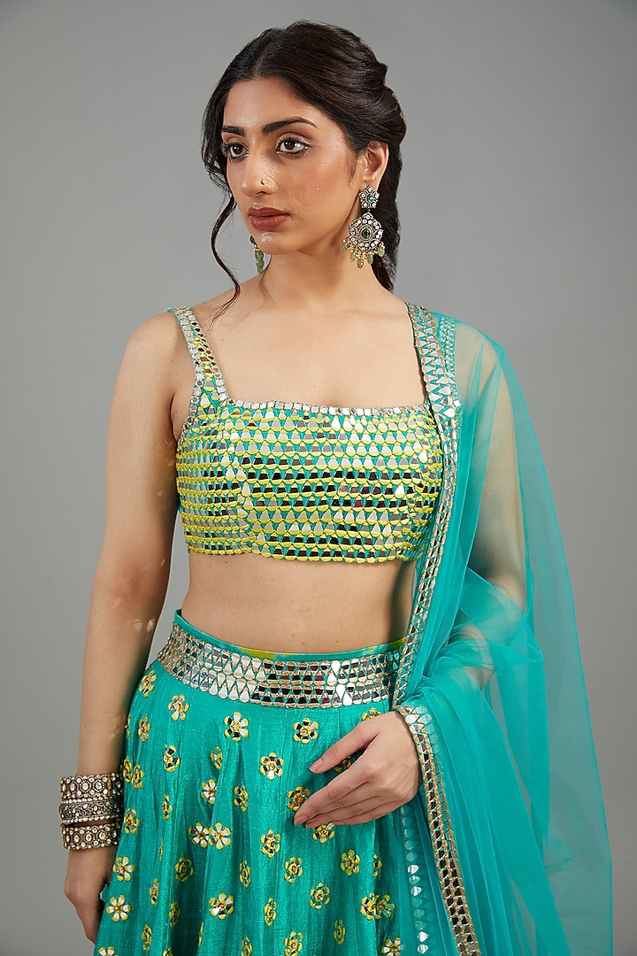 Blue Raw Silk Tie-Dyed & Mirror Work Bridal Lehenga Set by Akanksha Gajria at Pernia's Pop Up Shop