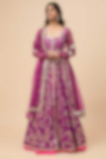 Purple Raw Silk Mirror Embroidered Anarkali Set by Akanksha Gajria