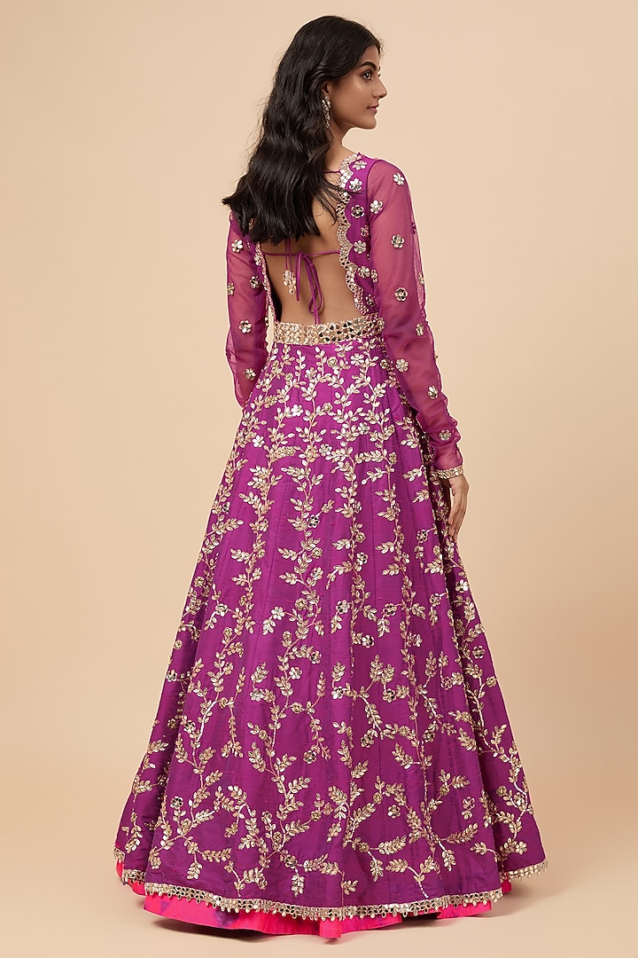 Purple Raw Silk Mirror Embroidered Bridal Anarkali Set by Akanksha Gajria at Pernia's Pop Up Shop