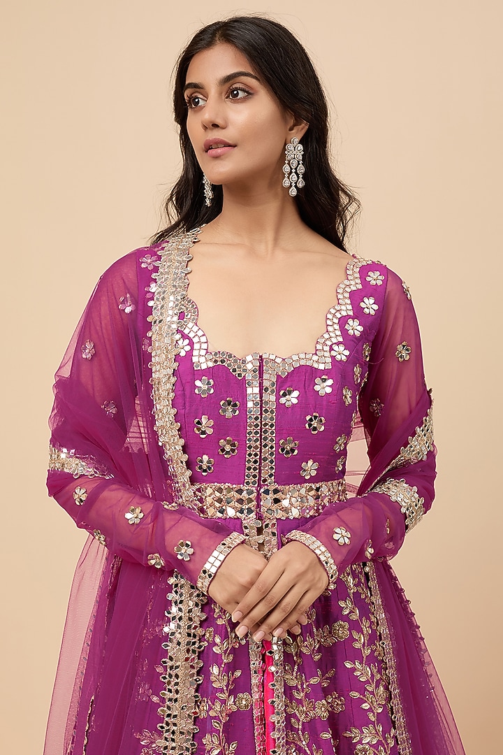 Purple Raw Silk Mirror Embroidered Bridal Anarkali Set by Akanksha Gajria at Pernia's Pop Up Shop