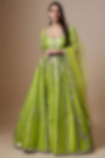 Green Raw Silk Mirror Embroidered Bridal Anarkali Set by Akanksha Gajria at Pernia's Pop Up Shop