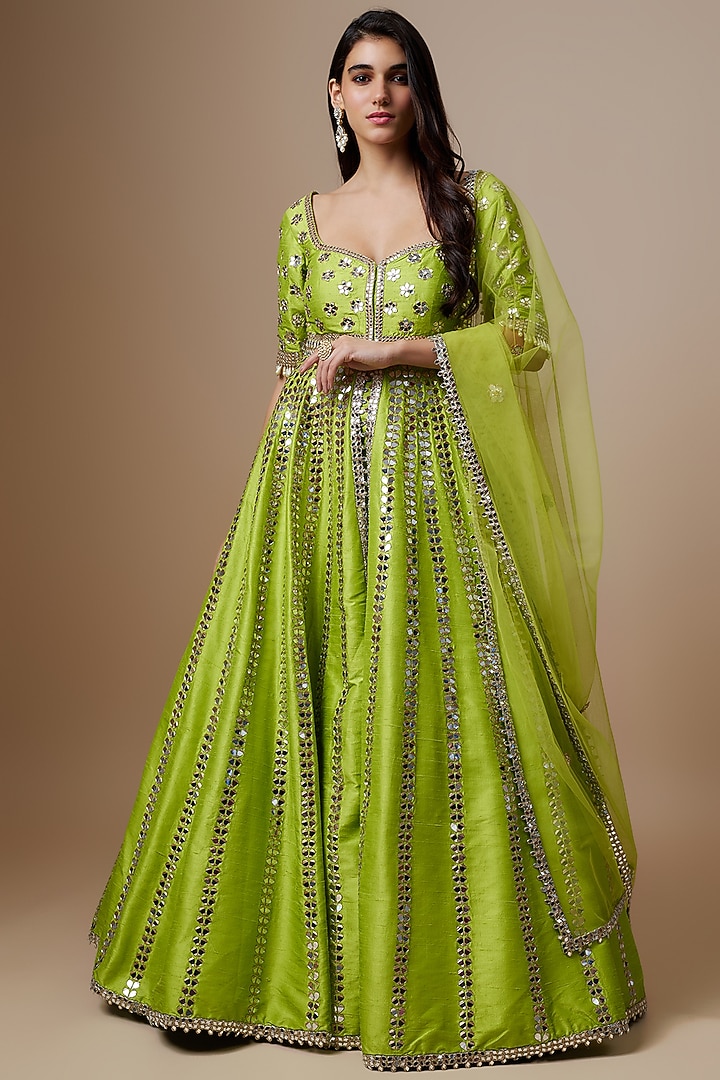 Green Raw Silk Mirror Embroidered Bridal Anarkali Set by Akanksha Gajria at Pernia's Pop Up Shop