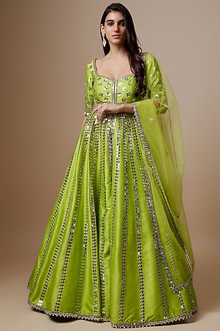 Green Raw Silk Mirror Embroidered Anarkali Set by Akanksha Gajria