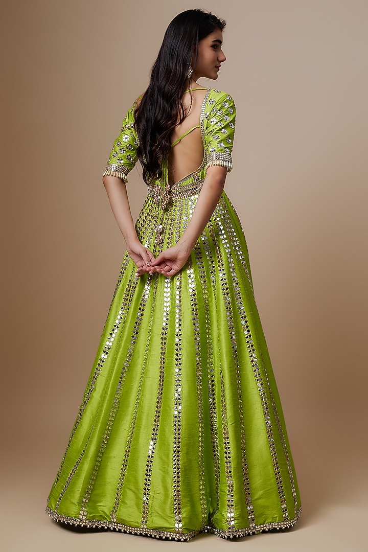 Green Raw Silk Mirror Embroidered Bridal Anarkali Set by Akanksha Gajria at Pernia's Pop Up Shop