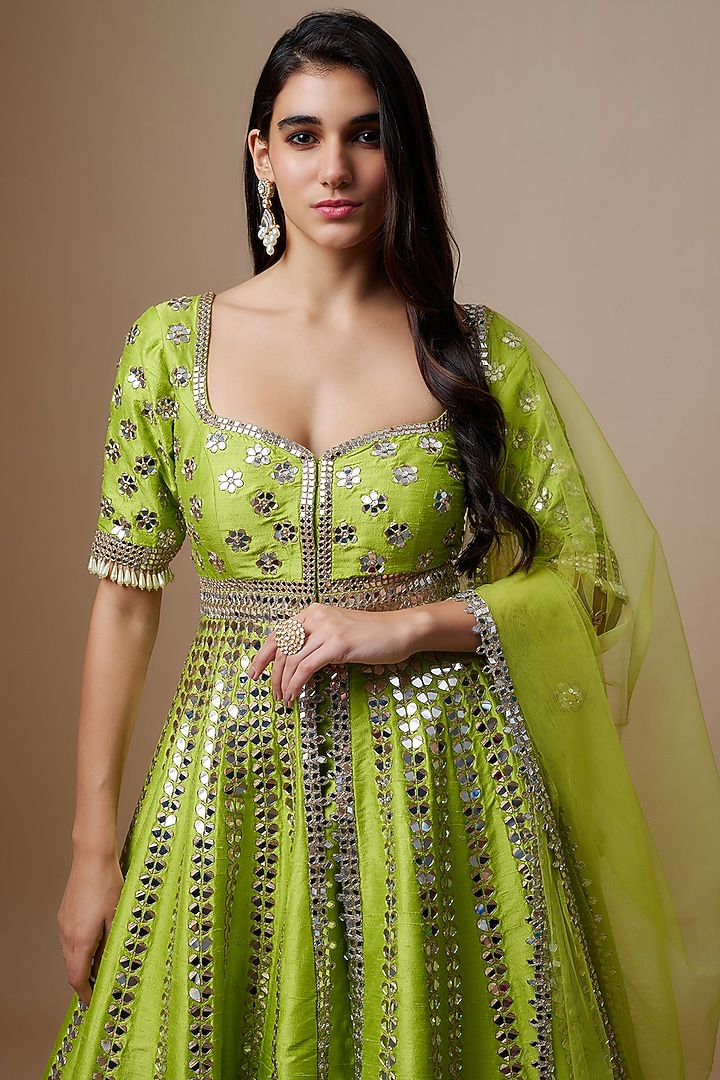 Green Raw Silk Mirror Embroidered Bridal Anarkali Set by Akanksha Gajria at Pernia's Pop Up Shop