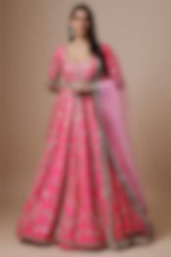 Pink Raw Silk Mirror Embroidered Anarkali Set by Akanksha Gajria