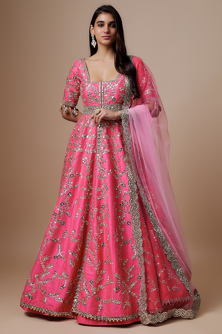 Pink Raw Silk Mirror Embroidered Anarkali Set by Akanksha Gajria
