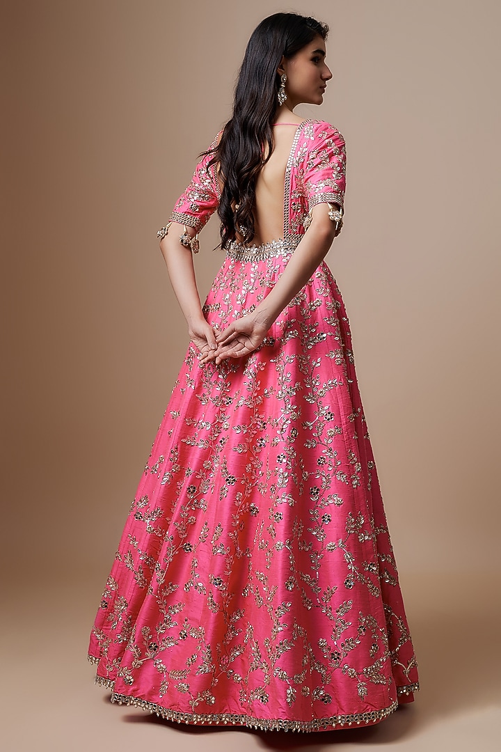 Pink Raw Silk Mirror Embroidered Bridal Anarkali Set by Akanksha Gajria at Pernia's Pop Up Shop