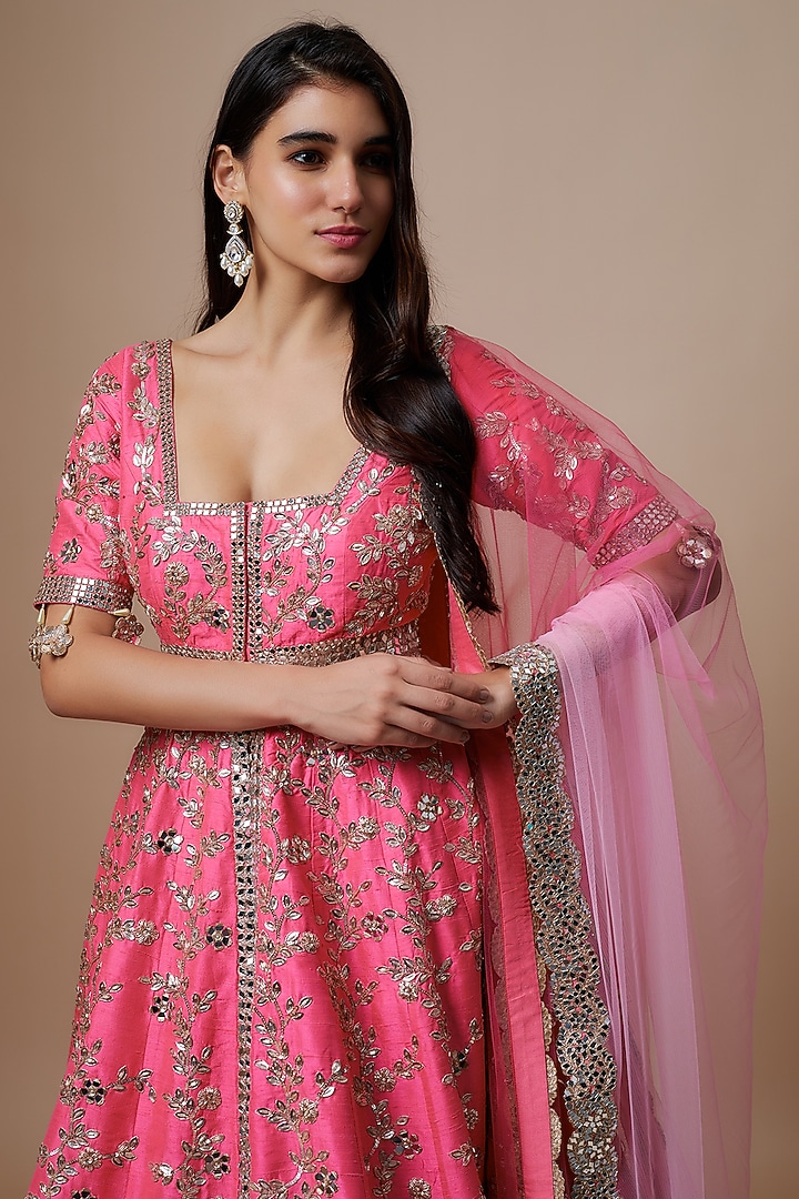 Pink Raw Silk Mirror Embroidered Bridal Anarkali Set by Akanksha Gajria at Pernia's Pop Up Shop