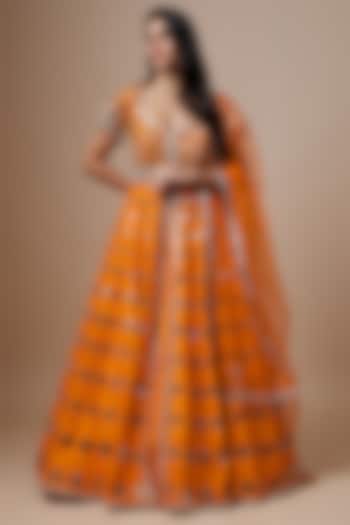 Orange Raw Silk Mirror Embroidered Anarkali Set by Akanksha Gajria