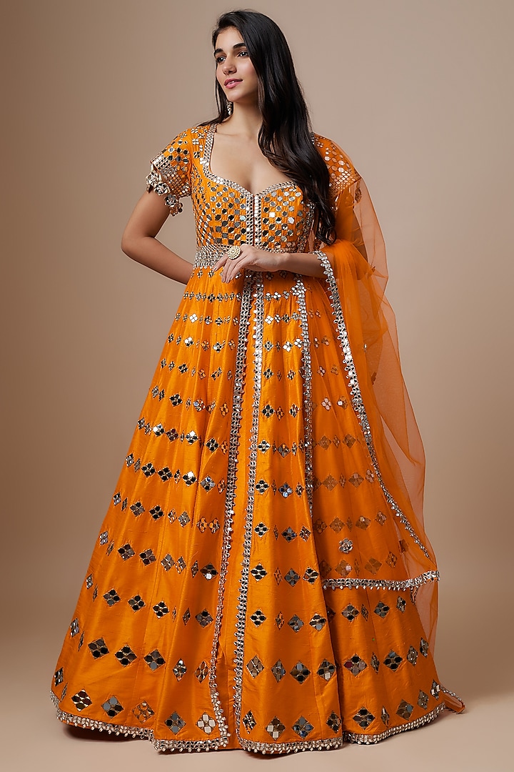Orange Raw Silk Mirror Embroidered Anarkali Set by Akanksha Gajria
