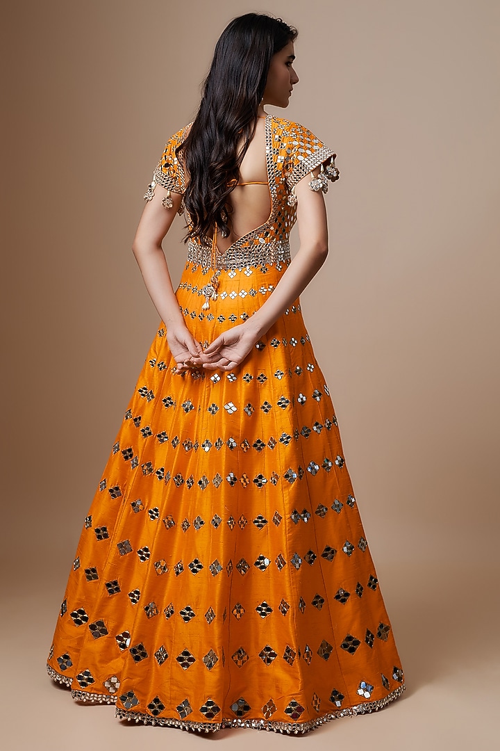 Orange Raw Silk Mirror Embroidered Bridal Anarkali Set by Akanksha Gajria at Pernia's Pop Up Shop