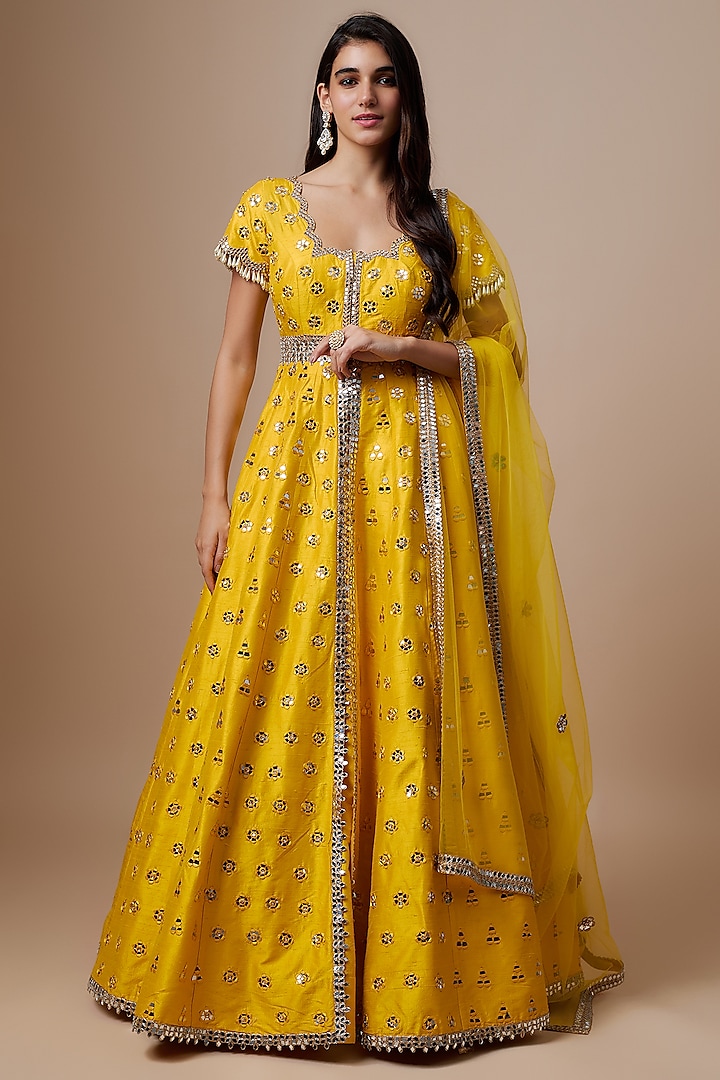 Yellow Raw Silk Mirror Embroidered Anarkali Set by Akanksha Gajria