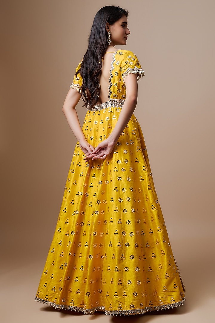 Yellow Raw Silk Mirror Embroidered Bridal Anarkali Set by Akanksha Gajria at Pernia's Pop Up Shop