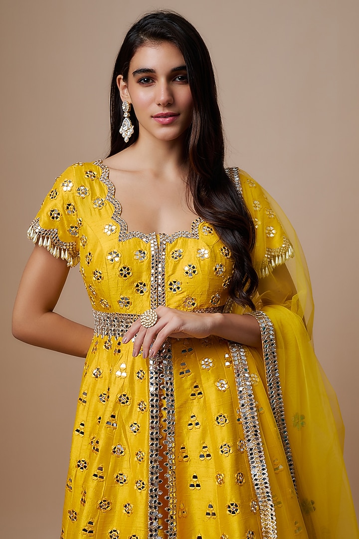 Yellow Raw Silk Mirror Embroidered Bridal Anarkali Set by Akanksha Gajria at Pernia's Pop Up Shop