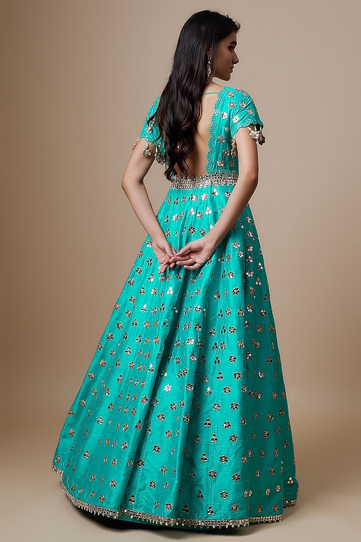 Blue Raw Silk Mirror Embroidered Bridal Anarkali Set by Akanksha Gajria at Pernia's Pop Up Shop