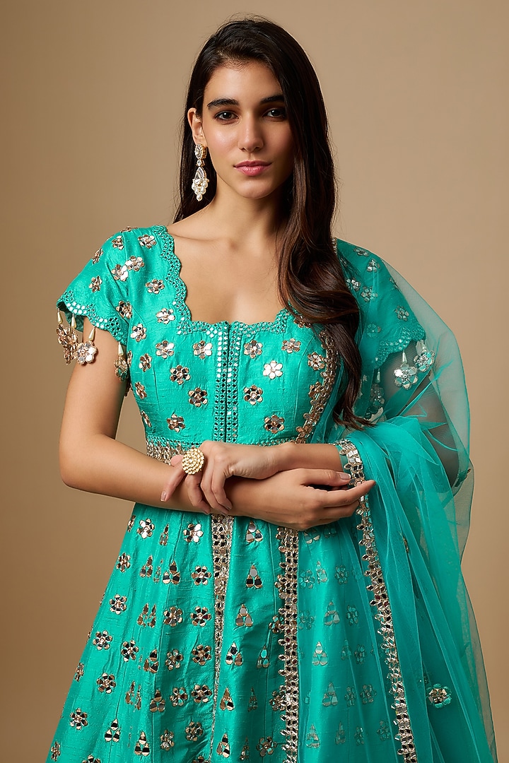 Blue Raw Silk Mirror Embroidered Bridal Anarkali Set by Akanksha Gajria at Pernia's Pop Up Shop